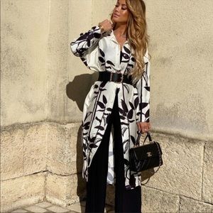 Zara Black and White Leaf-Print Shirt Dress